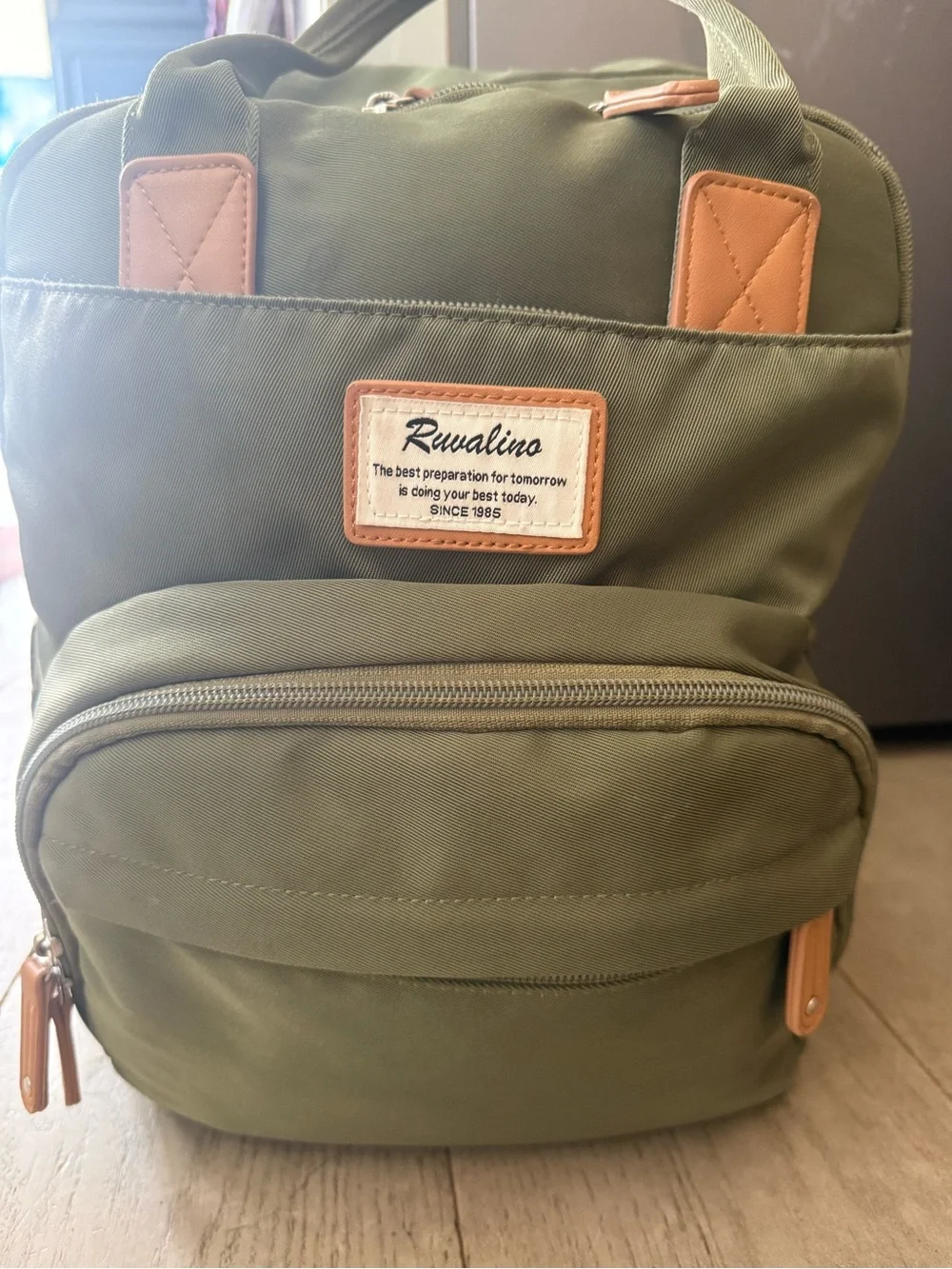 Olive Green Diaper Bag Backpack with Tan Accents